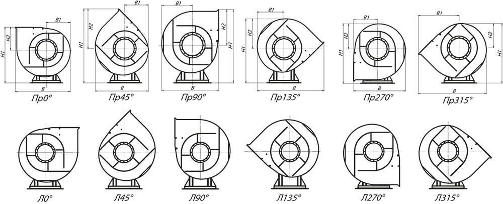 Габаритные и присоединительные размеры пылевого вентилятора ВЦП 7-40 №12.5, зависящие от положения корпуса